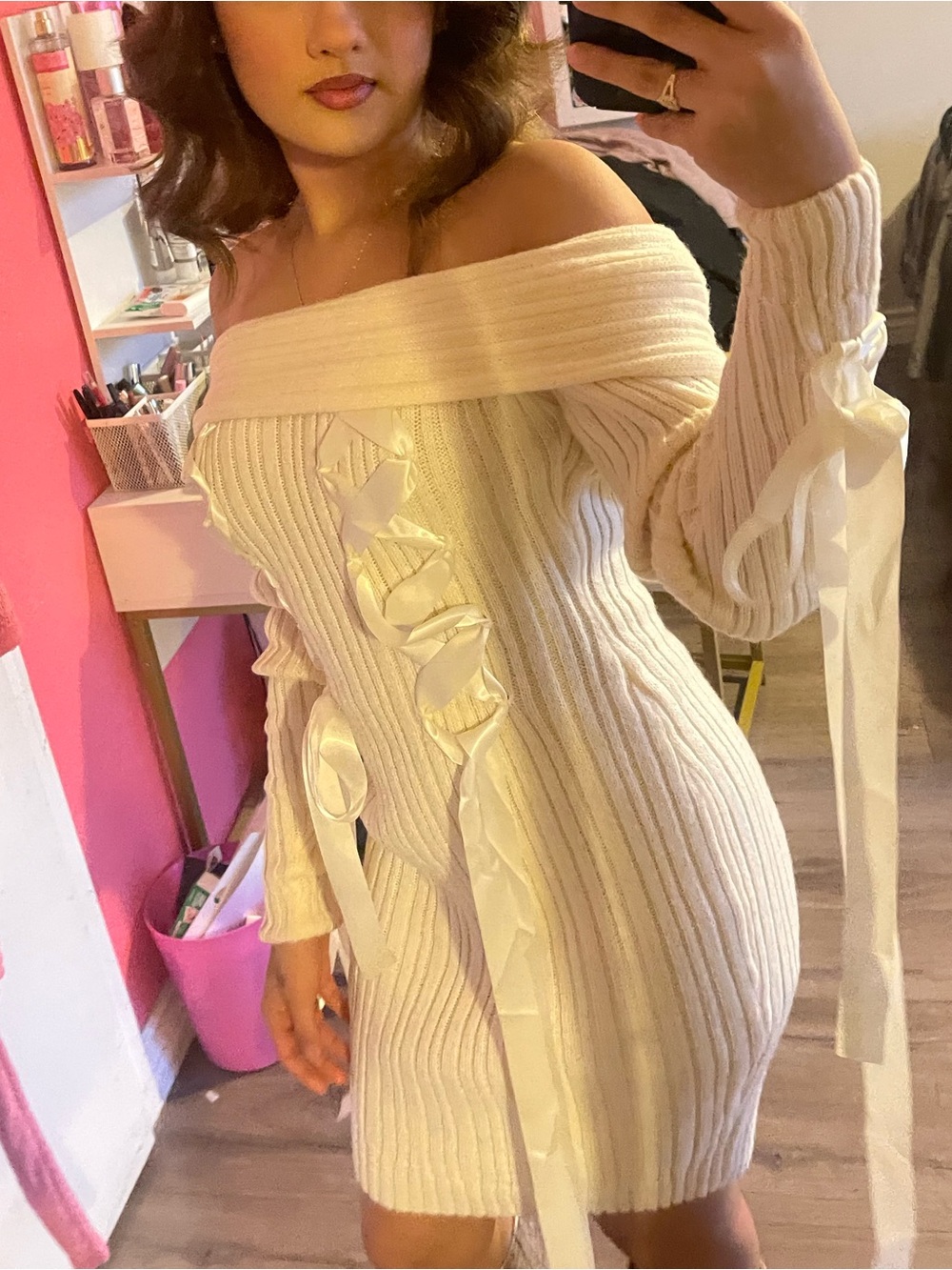 Off-Shoulder Ivory Ribbed Sweater Dress with Ribbon Detail